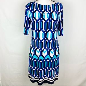 Eliza J Geometric Print Short Sleeve Dress Size 8 Color Blue Black Teal & white